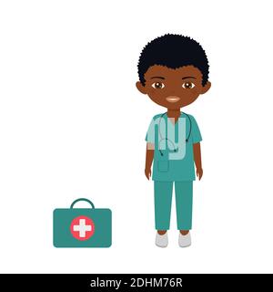 Cute chibi boy character in medical suit. Isolated on white background. Professions for children . Flat cartoon style. Vector illustration Stock Photo