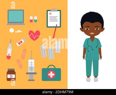 Cute chibi boy character in medical suit. Medical pharmaceutical, big set of medical products. Professions for children, Vector illustration Stock Photo