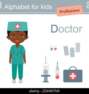 Alphabet for children. Cute chibi boy character in medical suit. Medical pharmaceutical, big set of medical products. Vector illustration Stock Photo