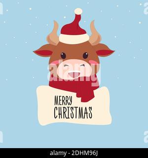 Vector illustration of bull on Christmas with gift. Bull with lettering Merry Christmas Stock Vector