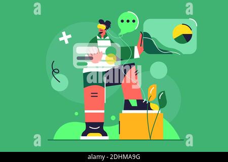 Guy works with data in virtual reality glasses Stock Vector