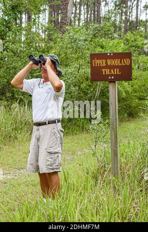 Alabama Dauphin Island Audubon Bird Sanctuary,man birding birder binoculars looking,upper woodland trail, Stock Photo