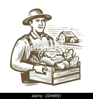 Farmer holding wooden box full vegetables. Farm, agriculture vintage vector illustration Stock Vector