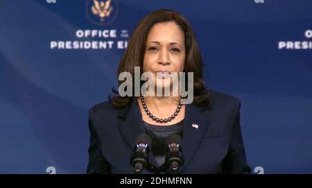 United States Vice President-elect Kamala Harris makes remarks after US President-elect Joe Biden introduced more key members of his administration in Wilmington, Delaware on Friday, December 11, 2020. Credit: Biden Transition via CNP | usage worldwide Stock Photo