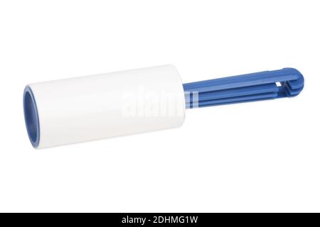 Lint Roller with blue handle on white background Stock Photo