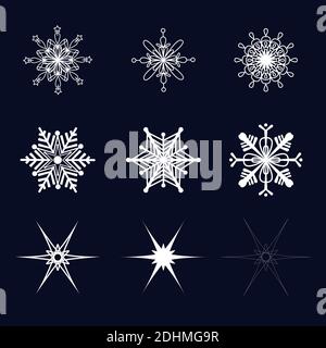 Set of 9 snowflakes on a dark blue background. Snowflake icons. Stock Vector