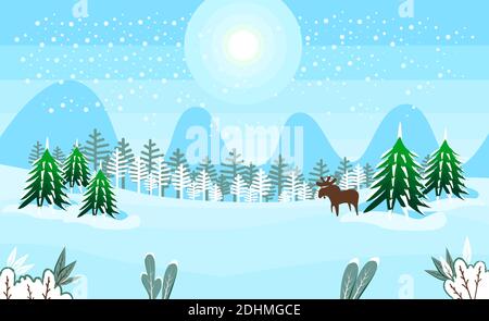 Winter landscape with snowy fields, sun and fir trees. Deer in the winter forest.  Stock Vector