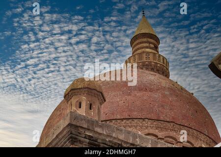 Agri, Turkey - May 2018: The minaret of Ishak Pasha Palace near Dogubayazit in Eastern Turkey. Beautiful brown mosque in the middle east. Different v Stock Photo