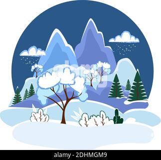 Night winter landscape with snowy mountains and forest. Round logo of mountains and hills. Simple vector illustration in flat style.  Stock Vector