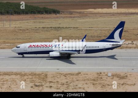 Mardin, Turkey - July 21, 2014. TC-SAK Anadolu Jet Boeing 737-800 taxiing on the apron of Mardin Airport. Stock Photo