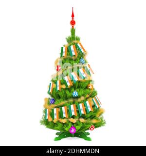 Christmas tree with Indian Xmas pennant flags, 3D rendering isolated on white background Stock Photo