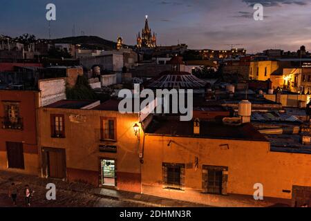 Twilight over the historic Spanish Colonial district of San in Miguel de Allende, Guanajuato, Mexico. Stock Photo
