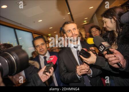 French Minister of the Economy, Industry and the Digital Sector Emmanuel Macron meets with storekeepers and shoppers during his visit to Beaugrenelle shopping mall to mark the official launch of the 2016 winter sales, in Paris, France on January 6, 2016. Photo by Renaud Khanh/ABACAPRESS.COM Stock Photo