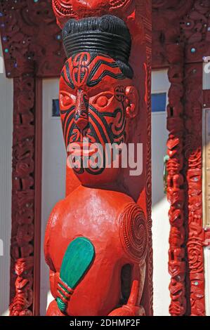 Carvings on The Meeting House (Wharenui), Whakarewarewa Living Thermal Village, Rotorua, Bay of Plenty Region, North Island, New Zealand Stock Photo