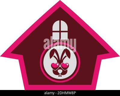 cute rabbit pink home icon flat logo vector design concept Stock Vector