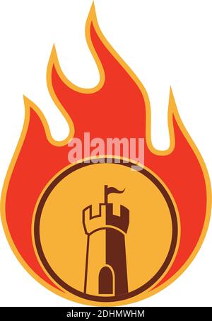 castle on fire flame icon flat logo vector design concept Stock Vector