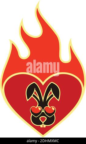 rabbit in fire love icon flat logo vector design concept Stock Vector