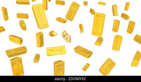 Background with highest standard gold bars. A lot of ingots of 999.9 Fine Gold isolated on white background. 3D illustration Stock Photo