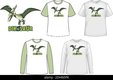 Set of different types of shirt in dinosaur theme with dinosaur logo illustration Stock Vector