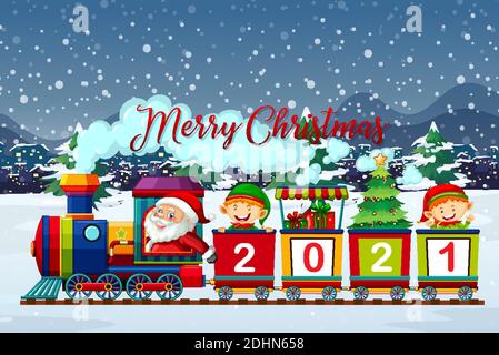 Merry Christmas font with Santa Claus and elf on the train in snow scene illustration Stock Vector
