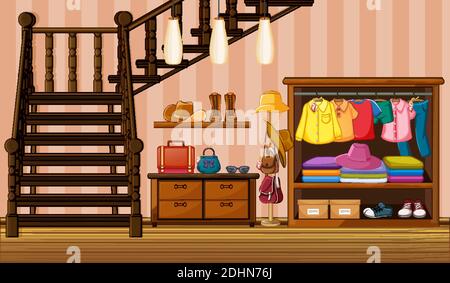 Clothes hanging in wardrobe with many accessories in the house scene illustration Stock Vector