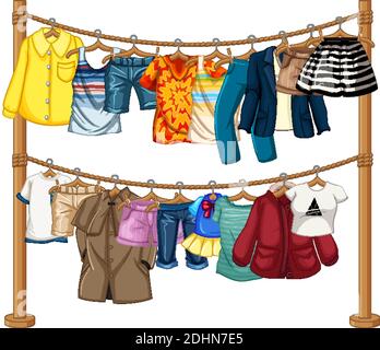 Many clothes hanging on a line on white background illustration Stock Vector