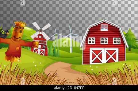 Farm with red barn and scarecrow on transparent background illustration ...