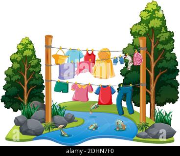 Many clothes hanging on a line with nature elements illustration Stock Vector