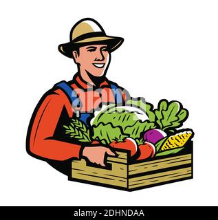 Farmer holding wooden box full vegetables. Farm, agriculture vector illustration Stock Vector