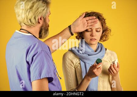 Medical check up. Doctor and patient at hospital. Instruction taking medicines. Doctor prescribing treatment. Consultation concept. Pneumonia treatment. Effective medicines. Girl viral disease. Stock Photo