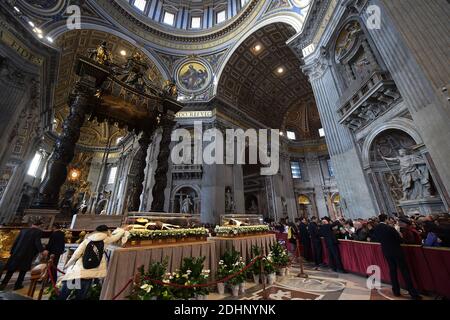 The embalmed corps of Padre Pio is exposed in Saint Peter's Basilica for veneration by the faithful in connection with the ongoing Extraordinary Jubilee Year of Mercy at the Vatican, on Feb. 6, 2016.The embalmed corps of the Catholic saint Italian friar Padre Pio (1887-1968) went on display in St Peter's basilica after being paraded through nearby streets in transparent coffin.Nearly half a century after this death, the body of Padre Pio was moved for the first time from its resting place in a sanctuary at San Giovanni Rotondo in southern Italy.It has been brought to the Vatican at the request Stock Photo