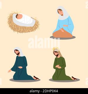 nativity manger character mary jospeh baby jesus icons vector illustration Stock Vector