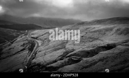 Awesome landscape of Brecon Beacons National Park in Wales - aerial view in black and white Stock Photo