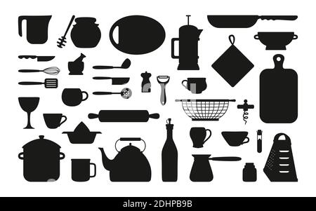 Cookware kitchen tools black silhouette set. Baking tools cartoon dishes, equipments. Hand drawn kitchen utensils flat style, black collection. Food preparation. Vector illustration on white Stock Vector