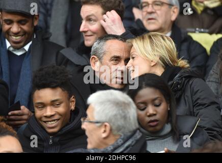 Thierry Ardisson and his wife Audrey Crespo-Mara attending the French First League (L1) football match between Paris Saint-Germain (PSG) and Reims at the Parc des Princes stadium in Paris, France on February 20, 2016. PSG won 4-1. Photo by Christian Liewig/ABACAPRESS.COM Stock Photo