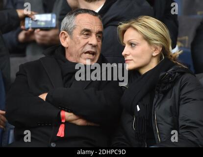 Thierry Ardisson and his wife Audrey Crespo-Mara attending the French First League (L1) football match between Paris Saint-Germain (PSG) and Reims at the Parc des Princes stadium in Paris, France on February 20, 2016. PSG won 4-1. Photo by Christian Liewig/ABACAPRESS.COM Stock Photo