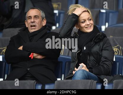 Thierry Ardisson and his wife Audrey Crespo-Mara attending the French First League (L1) football match between Paris Saint-Germain (PSG) and Reims at the Parc des Princes stadium in Paris, France on February 20, 2016. PSG won 4-1. Photo by Christian Liewig/ABACAPRESS.COM Stock Photo