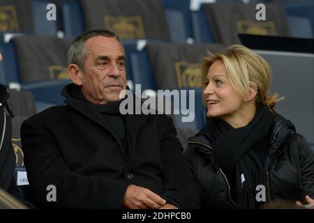 Thierry Ardisson and his wife Audrey Crespo-Mara during the French First League soccer match, Paris-St-Germain vs Reims in Parc des Princes, Paris, France on February 20th, 2016. PSG won 4-1. Photo by Henri Szwarc/ABACAPRESS.COM Stock Photo