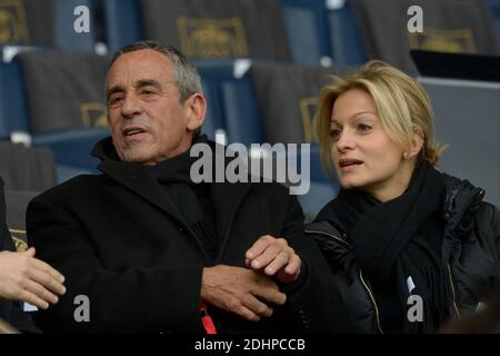 Thierry Ardisson and his wife Audrey Crespo-Mara during the French First League soccer match, Paris-St-Germain vs Reims in Parc des Princes, Paris, France on February 20th, 2016. PSG won 4-1. Photo by Henri Szwarc/ABACAPRESS.COM Stock Photo