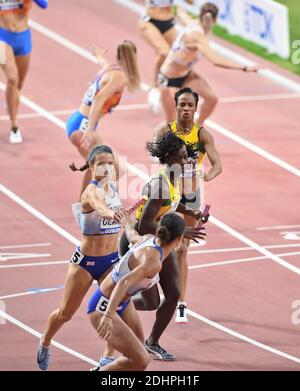 Great Britain, Jamaica, Netherlands. 4x400 metres relays final. IAAF World Athletics Championships, Doha 2019 Stock Photo