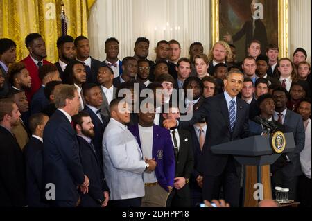 U.S. President Barack Obama (right) honors Alabama Head Coach Nick Saban (left) and the 2015- 2016 College Football Playoff National Champion Alabama Crimson Tide in the East Room at The White House in Washington, DC, USA, Wednesday, March 2, 2016. Photo by Rod Lamkey/Pool/ABACAPRESS.COM Stock Photo