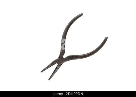 Old round pliers for jewelry work, isolated on a white background. Insulated old and rusty pliers with a round nose. Stock Photo