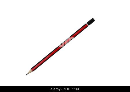 Wooden pencil with red and black stripes. A wooden graphite pencil with a rubber eraser is isolated on a white background. Stock Photo