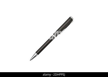 Ball point pen isolated on white background, metal pen grey color. Stock Photo