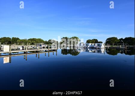 Everglades National Park, Florida - September 20, 2020 - Flamingo Marina on crisp sunny autumn morning. Stock Photo