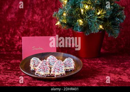 Tree shaped decorated sugar cookies left out for Santa, with a lighted tree, on a red background Stock Photo