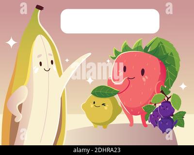 fruits kawaii funny cartoon banana lemon strawberry and grape Stock Vector