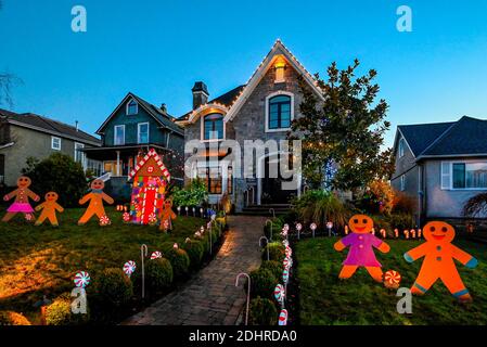 Gingerbread men, family, Christmas Light display, Trinity Street, Vancouver, British Columbia, Canada Stock Photo