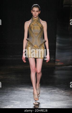 A model walks the runway during the Iris Van Herpen show as part of Paris Fashion Week Fall/Winter 2016/17 on March 7, 2016 in Paris, France. Photo by Alain Gil Gonzalez/ABACAPRESS.COM Stock Photo