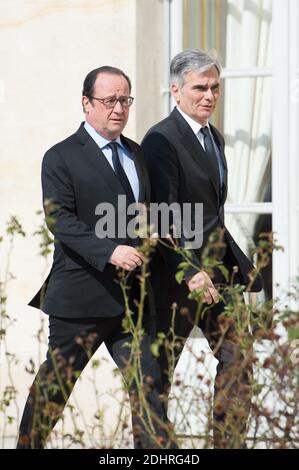 French president Francois Hollande arrives with Austrian Prime Minister Werner Faymann to pose for a group photo at the Elysee Palace during a meeting of European social democratic leaders on the future of the European Union. Paris, FRANCE - 12/03/2016. Paris, France, on March 12, 2016. Photo by Laurent Chamussy/Pool/ABACAPRESS.COM Stock Photo